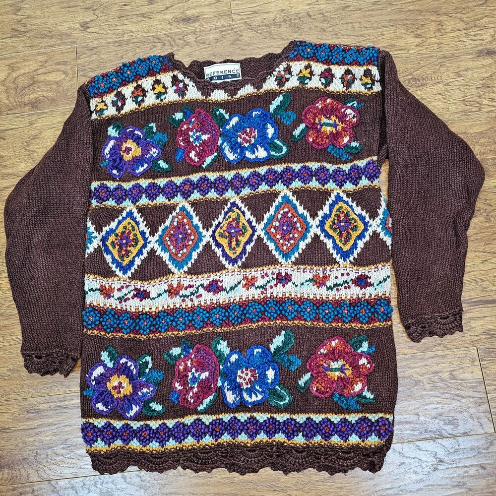 Vintage Reference Point Colorful Chunky Knit Textured Pull Over Sweater Size M